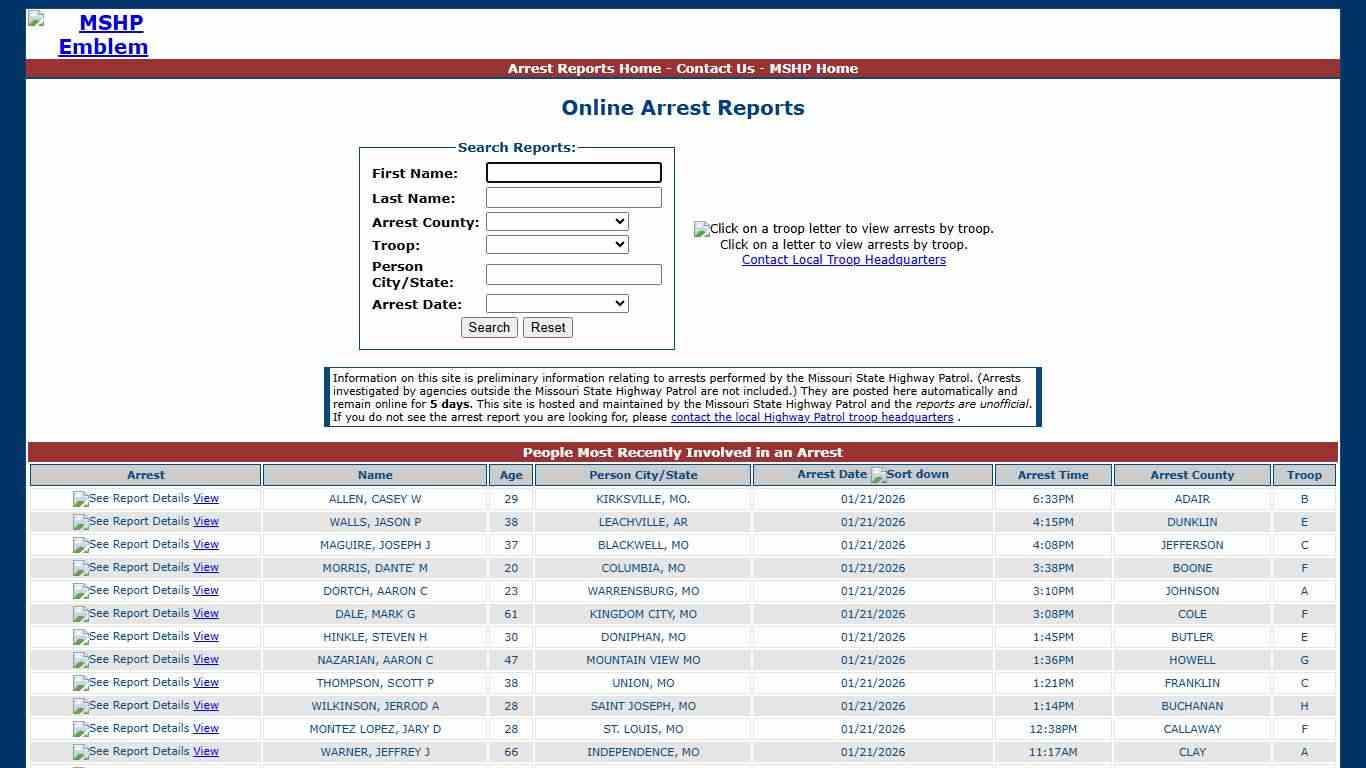 Missouri State Highway Patrol - Arrest Reports
